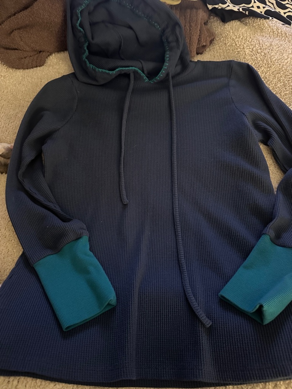 Kim Gravel Beach waffle hoodie. Teal and navy , small EUC